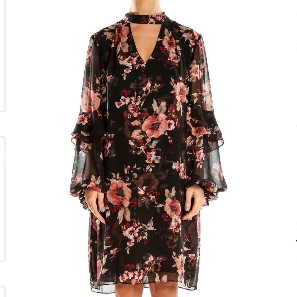 White House Black Market Floral Ruffle Long Sleeve Shift Dress NEW